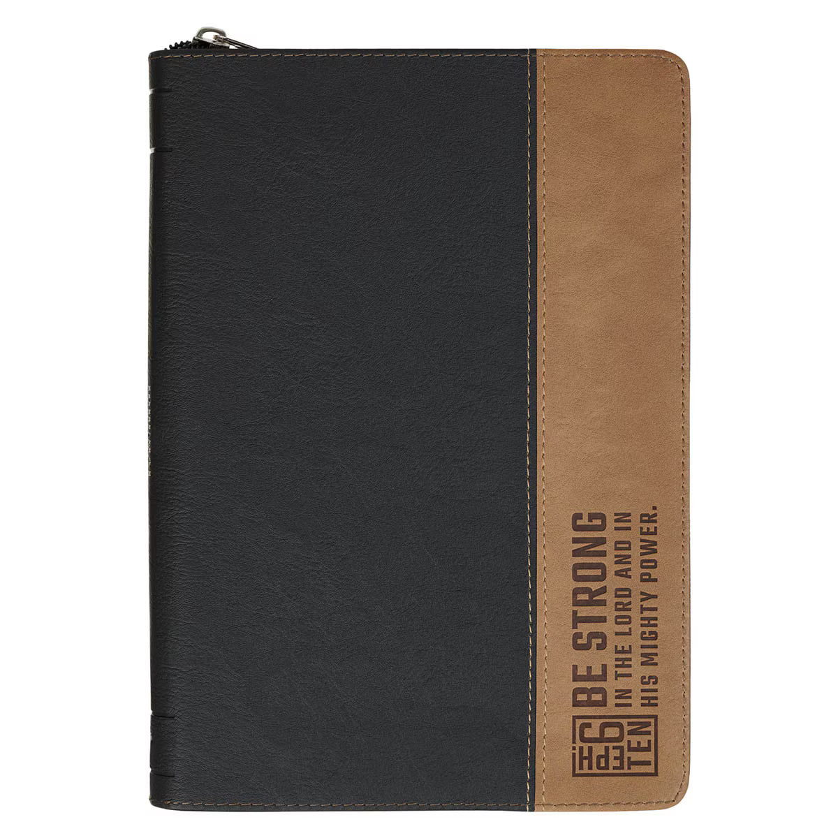 Be Strong Black and Tan Faux Leather Classic Journal with Zipper Closure - Ephesians 6:10