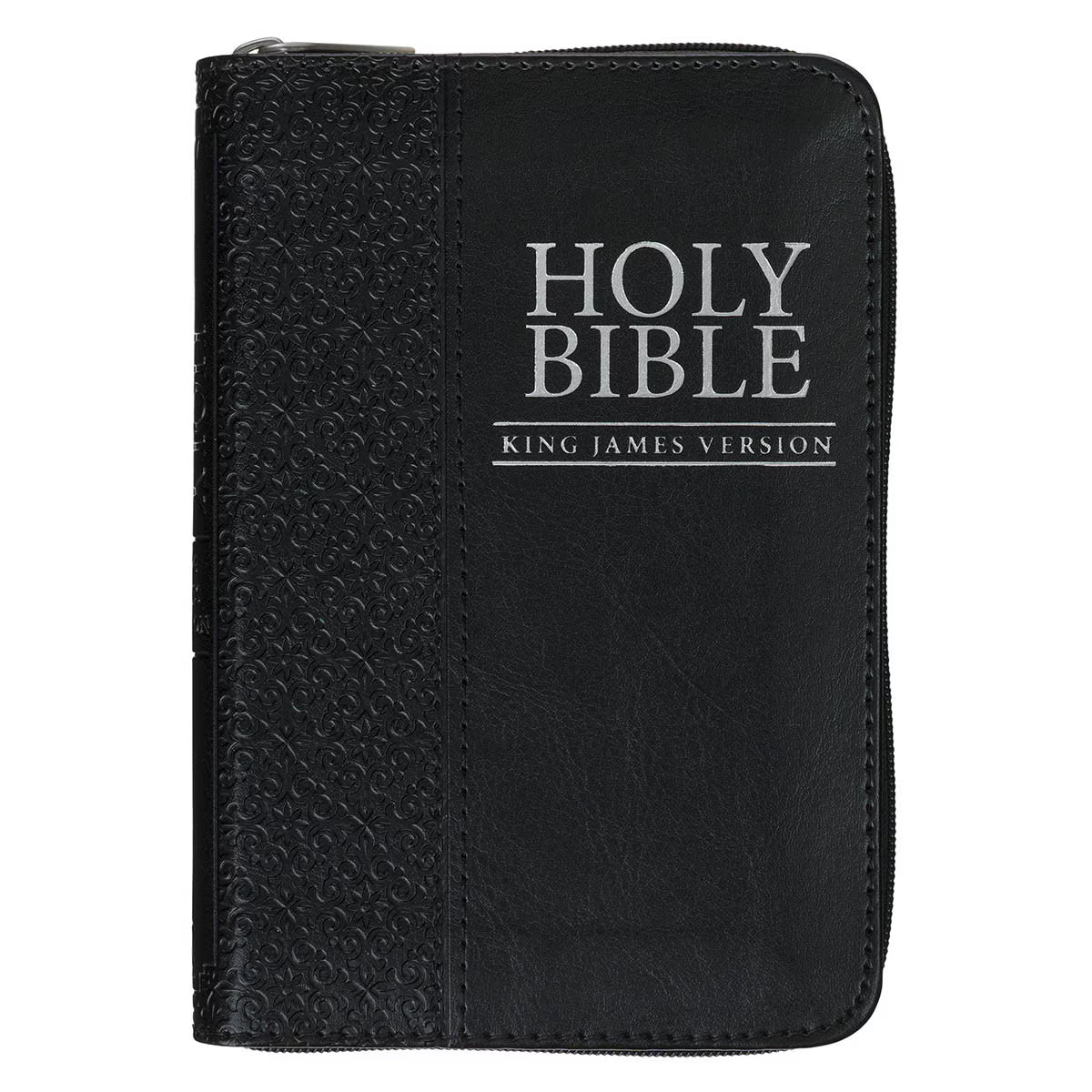 Black Faux Leather King James Version Pocket Bible with Zippered Closure