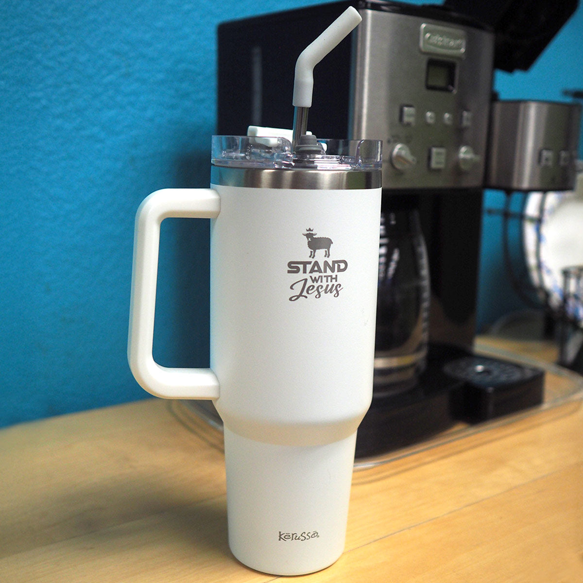 40 oz Stainless Steel Mug With Straw Stand With Jesus