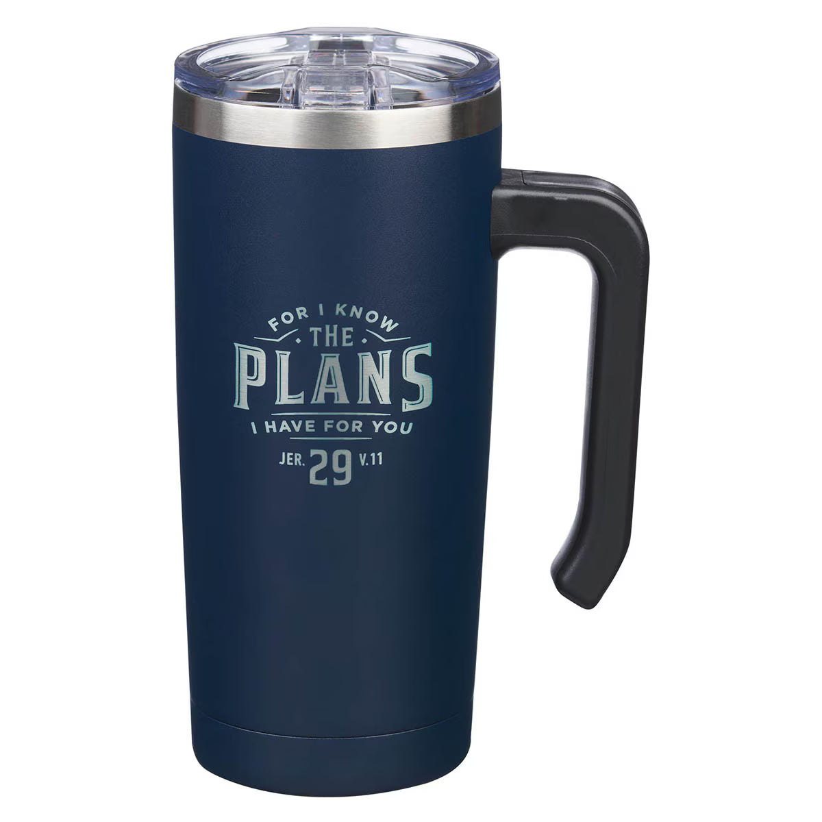 The Plans for You Navy Stainless Steel Travel Mug with Handle - Jeremiah 29:11