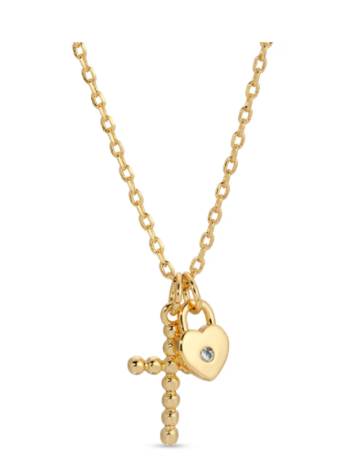 Necklace - Small cross and tiny heart lock with single cz accent pendants, Gold