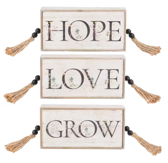Love, Hope, Grow Message Block with Beaded Tassels
