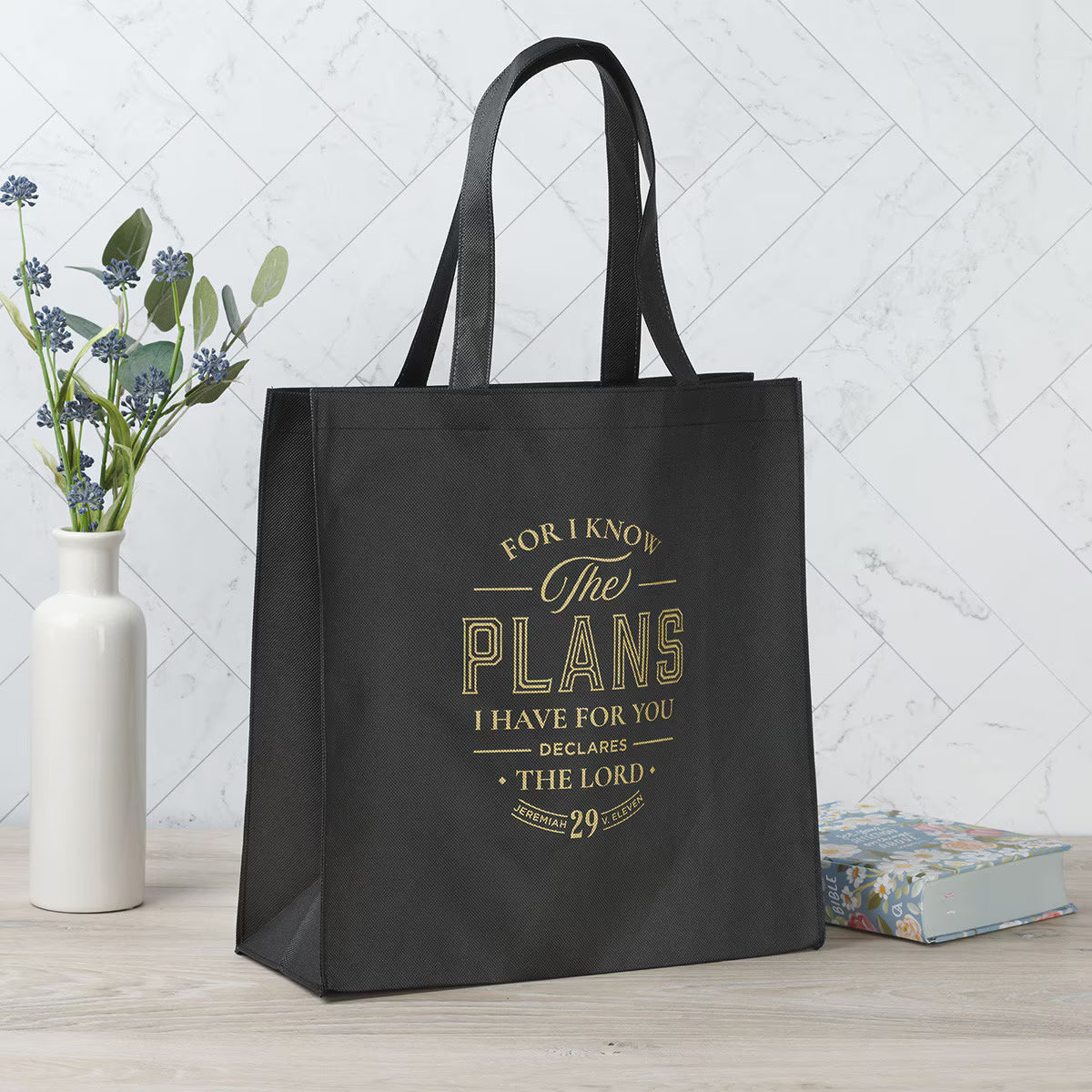 The Plans Black Reusable Non-woven Shopping Tote Bag - Jeremiah 29:11