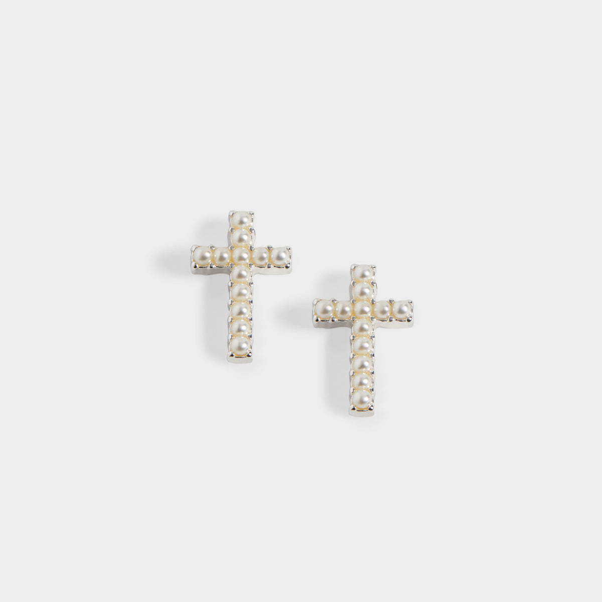 Whispers Small Cross w/ Pearls Stud Earrings - Silver