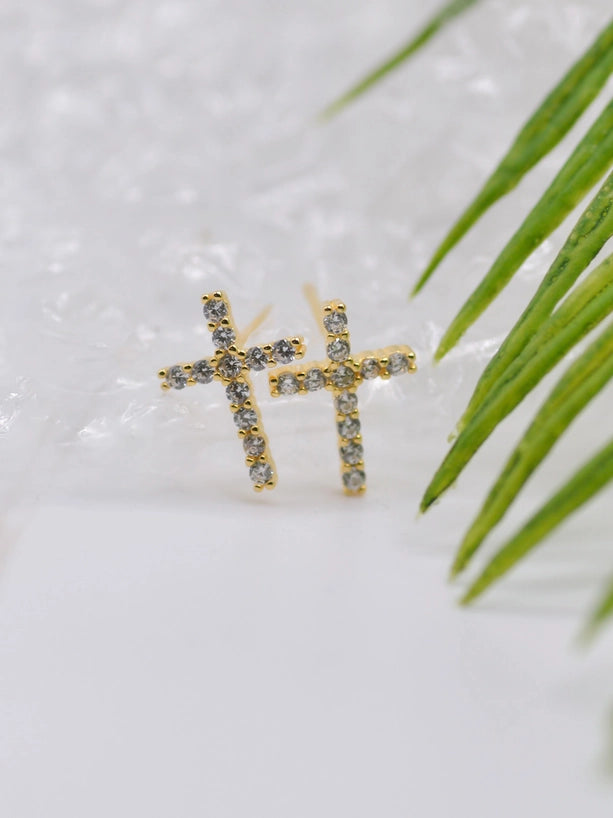 Cross Gold Cz Stud Earrings