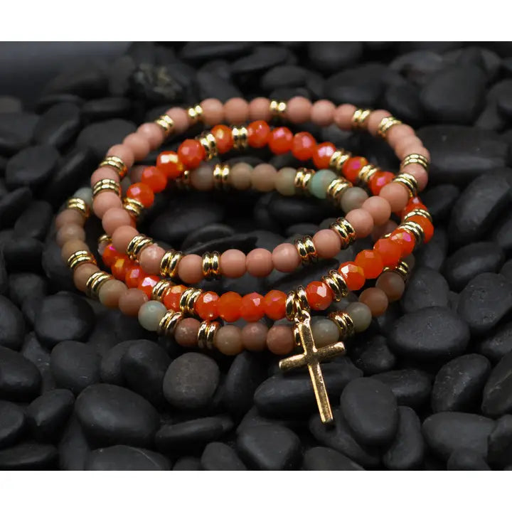 Cross Three Strand, Coral, Bracelet