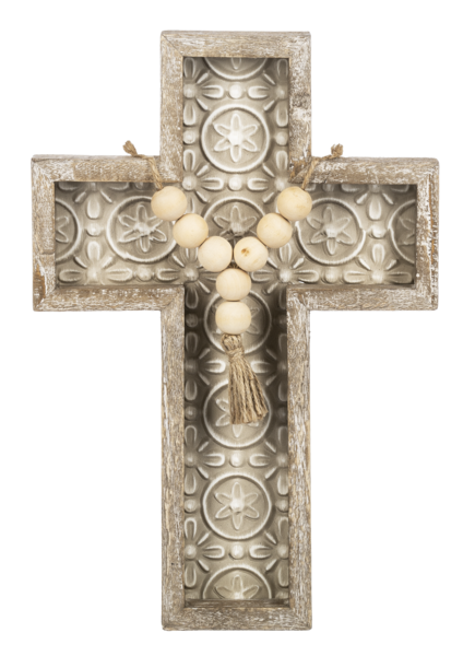 Embossed Tile Wall Cross with Beaded Tassel