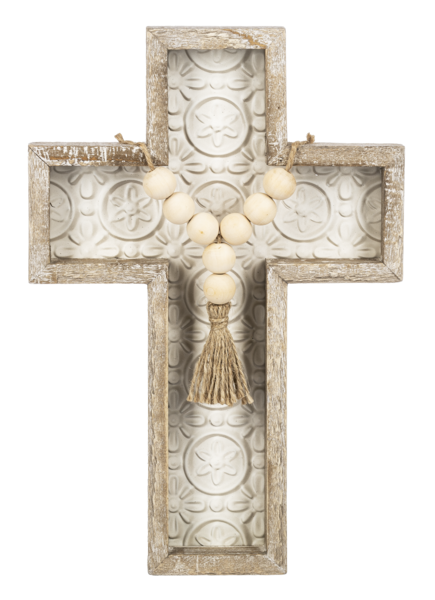 Embossed Tile Wall Cross with Beaded Tassel