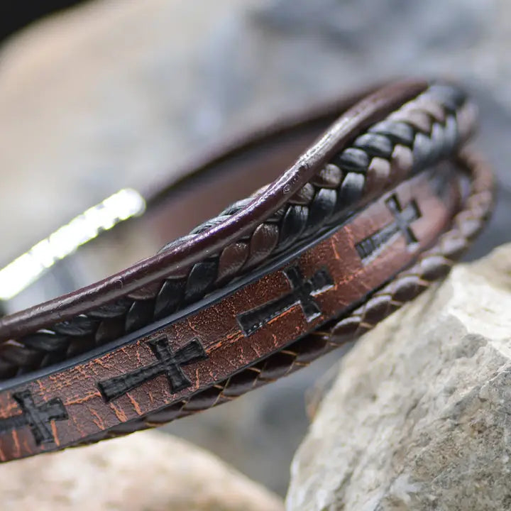 Men's Leather Stamped Cross - Eden Merry Bracelet