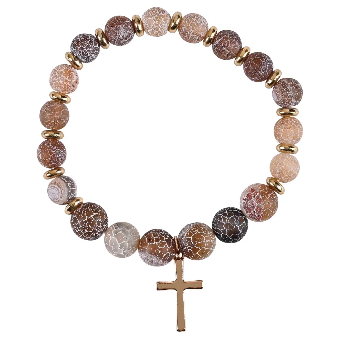 Stretch Bracelet Brown Stones W/Cross