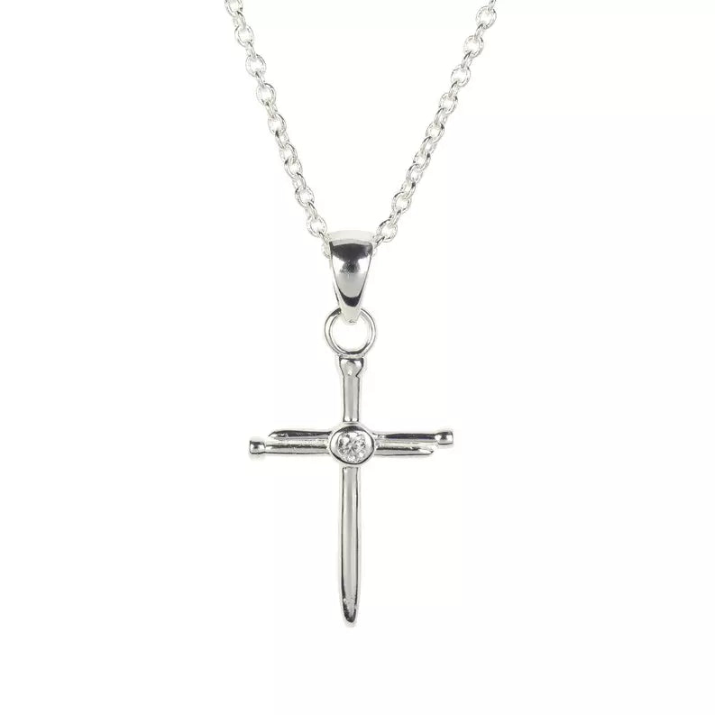 Nail Cross Silver W/ CZ Necklace, 18" Chain