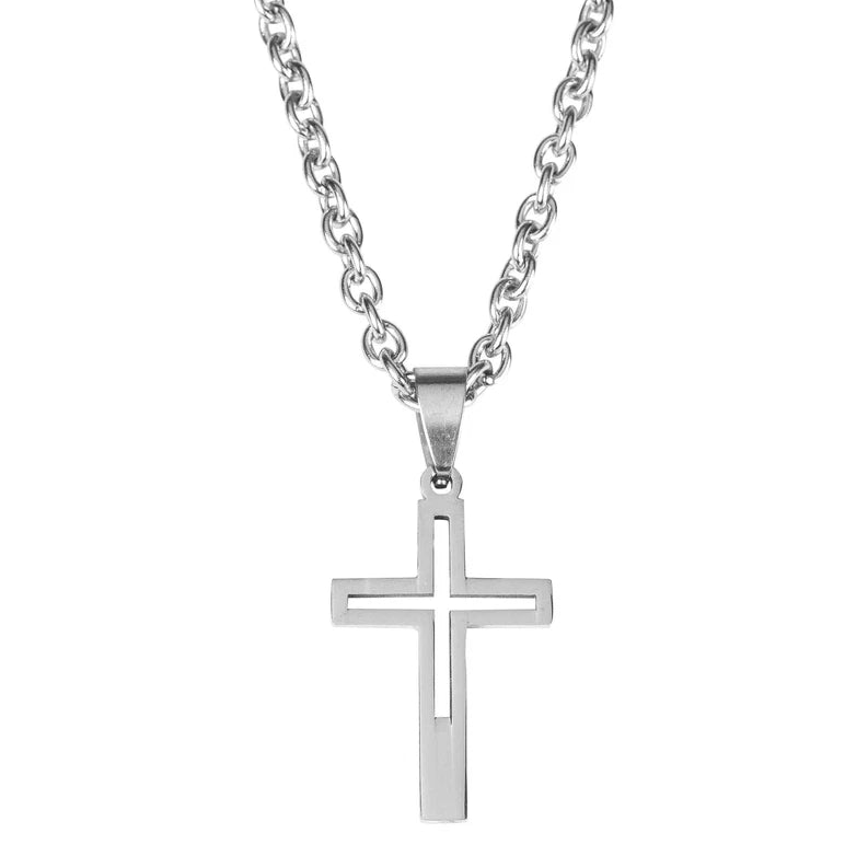 Cutout Box Cross Boy's Necklace, 18" Chain