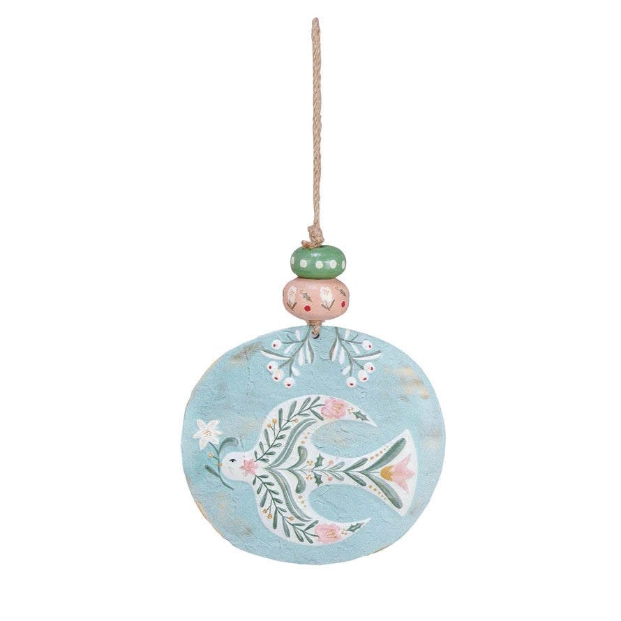 Embossed Metal Ornament w/ Dove & Wood Beads, Multi Color