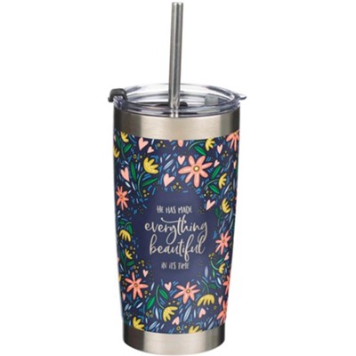 Everything Beautiful Stainless Steel Travel Mug with Reusable Stainless Steel Straw - Ecclesiastes 3:11, 18oz