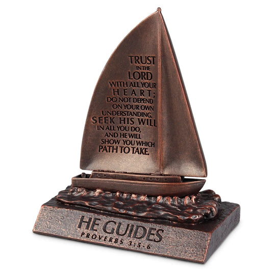 He Guides Bronze-Finish Sailboat Tabletop Sculpture