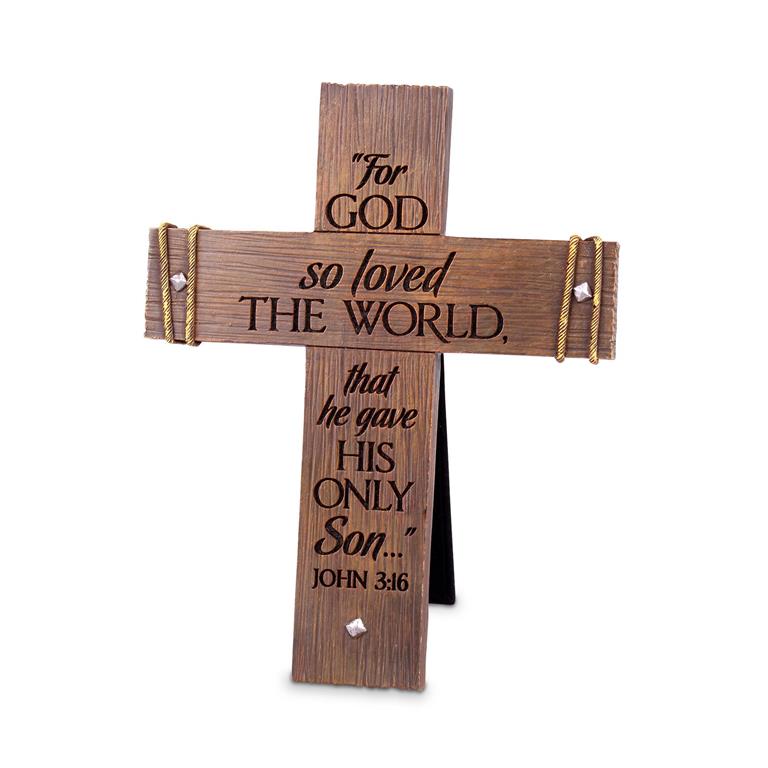 Tabletop Cross For God Loved World Brown
