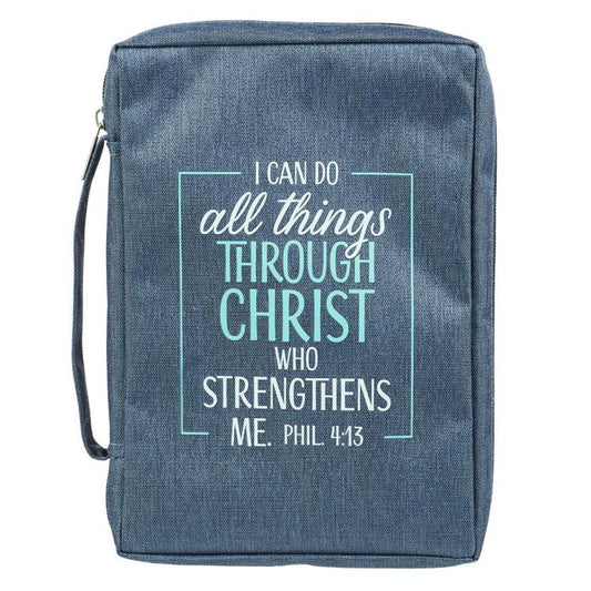 Bible Cover, Large Size, I can do all things through Christ who strengthens me- blue poly canvas
