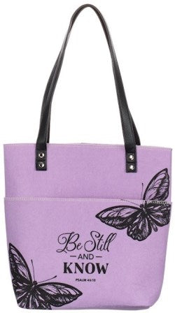 Be Still and Know Purple Butterfly Fashion Felt Bible Tote Bag - Psalm 46:10