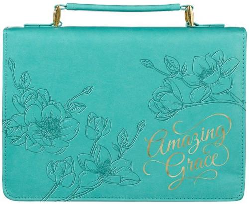 Amazing Grace Floral Teal Faux Leather Fashion Bible Cover, Large