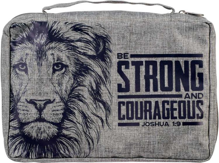 Strong and Courageous Lion Gray Value Bible Cover - Joshua 1:9 medium