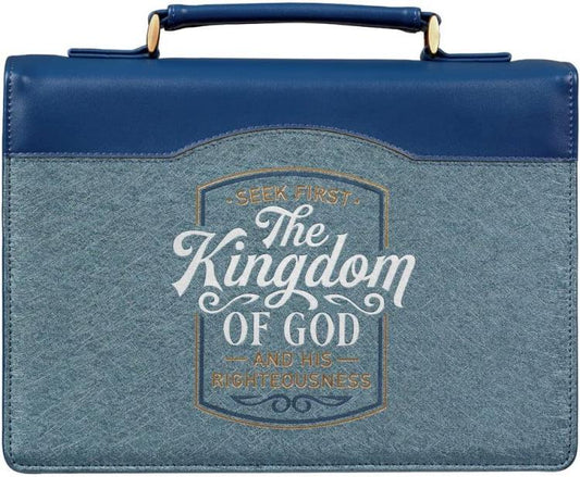 The Kingdom of God Two-tone Blue Faux Leather Fashion Bible Cover - Matthew 6:33, Large