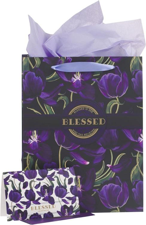 Blessed Purple Tulip Large Portrait Gift Bag with Card Set