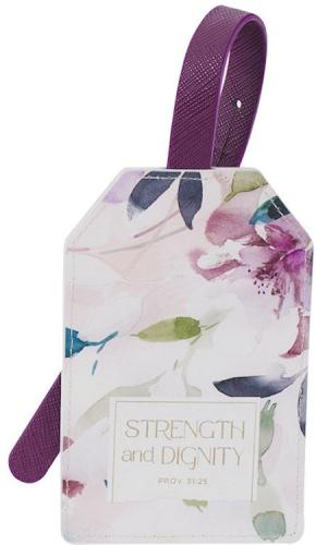 Strength and Dignity Purple Floral Faux Leather Luggage Tag - Proverbs 31:25