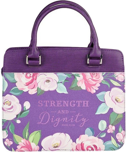 Strength and Dignity Purple Floral Purse-style Bible Cover - Proverbs 31:25