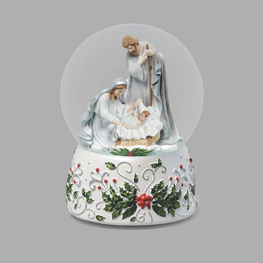 [139918]-Glitterdome Holy Family with Holly Berry Silver Swirl - "Silent Night" Tune