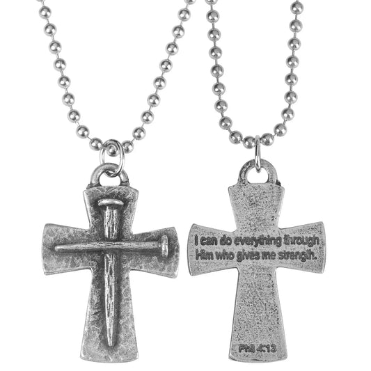 Pewter Flare Cross with Nail, Phil. 4:13 Necklace, 21" Chain