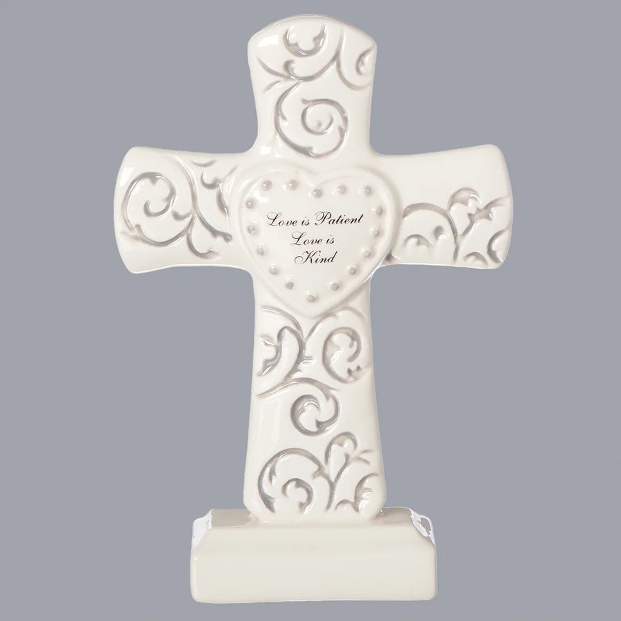 Love Is Patient Silver Scroll Tabletop Cross