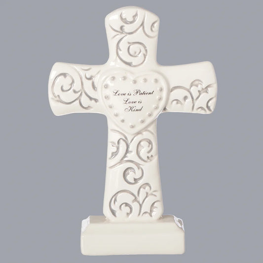 Love Is Patient Silver Scroll Tabletop Cross