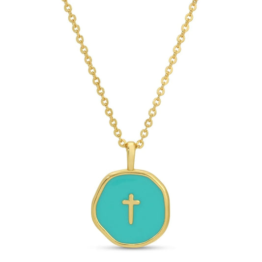 Necklace - Tiny cross aqua enamel pendant, Gold