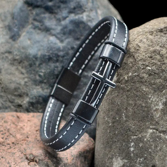 Cross Leather Stitched/Black Gun Metal - Eden Merry Bracelet