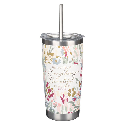 White Floral Everything Beautiful Stainless Steel Travel Mug with Reusable Stainless Steel Straw - Ecclesiastes 3:11
