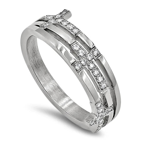 Women's Ring- CZ Trinity Cross, "Faith Hope Love"