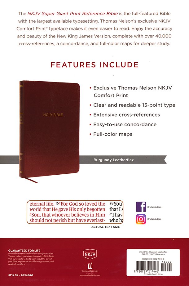 NKJV Comfort Print Reference Bible, Super Giant Print, Burgundy
