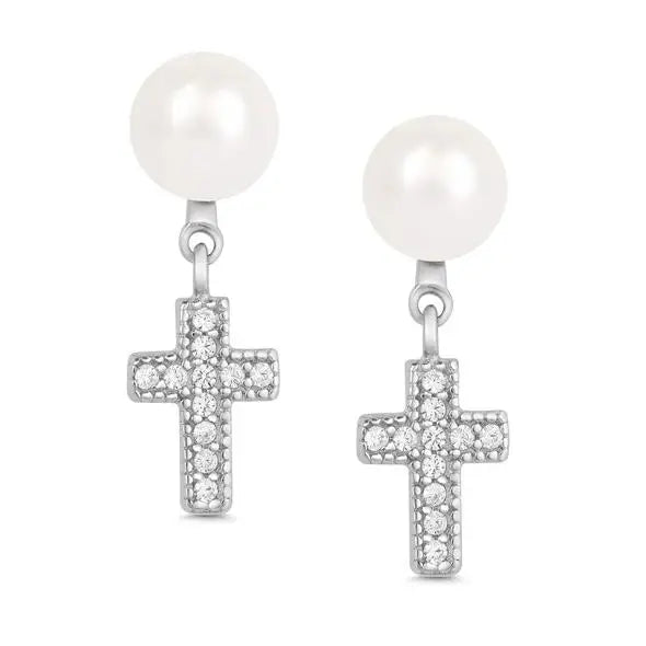Freshwater Pearl & CZ Cross Dangle Earrings, Sterling Silver