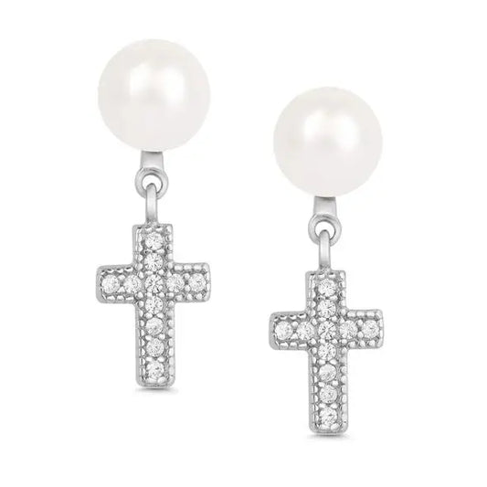 Freshwater Pearl & CZ Cross Dangle Earrings, Sterling Silver