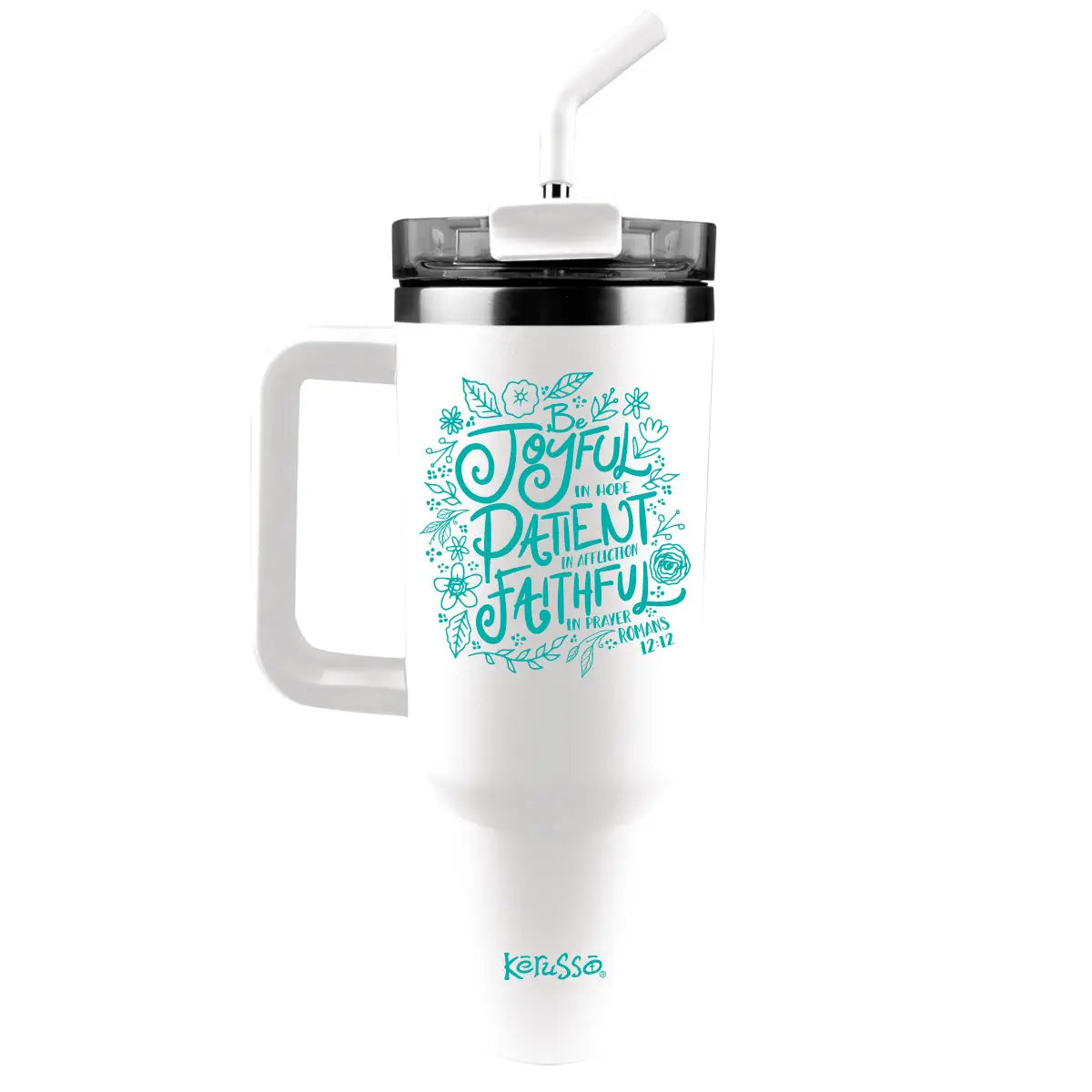 Kerusso 40 oz Stainless Steel Mug with Straw Be Joyful- White