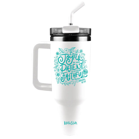 Kerusso 40 oz Stainless Steel Mug with Straw Be Joyful- White