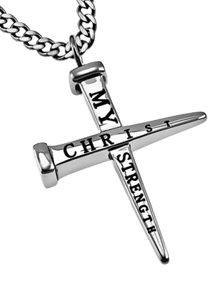 Men's Necklace- 2 Nail Cross, "Christ is my Strength"