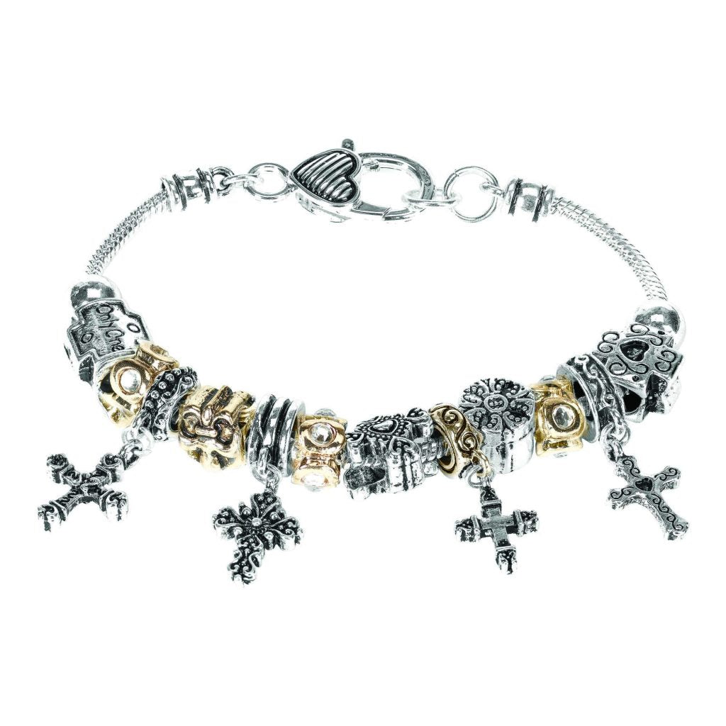 Bracelet- 2-Tone Multi Cross Drops, Silver Plated