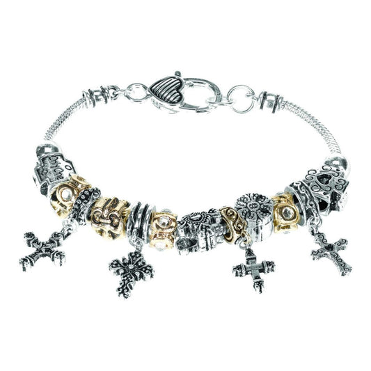 Bracelet- 2-Tone Multi Cross Drops, Silver Plated