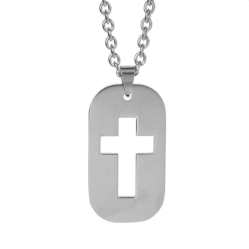Dogtag Cutout Cross Stainless Steel Necklace, 24" Chain