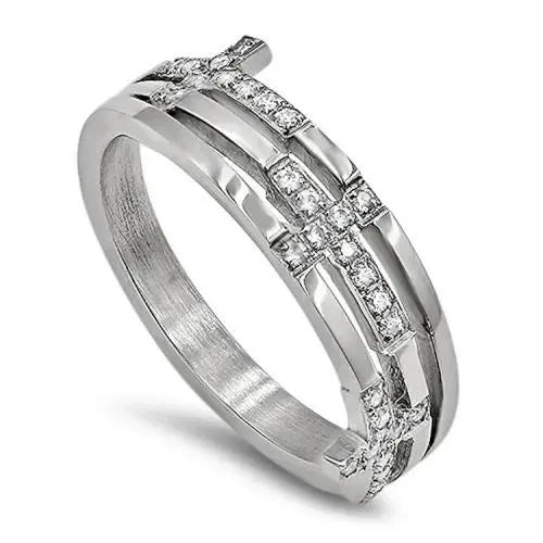 Women's Ring- CZ Trinity Cross "Guarded In Christ Jesus"