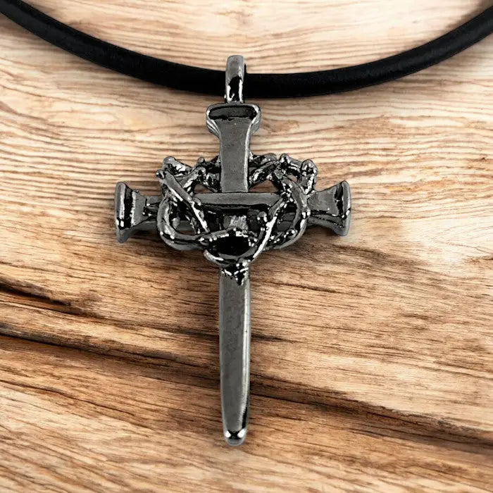Crown of Thorns Nail Cross Necklace Gunmetal Finish