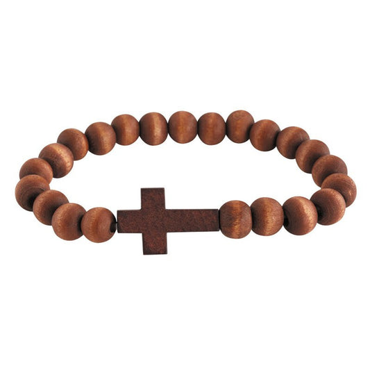 Wooden Cross Bracelet, Brown, 7-1/2" Stretchable