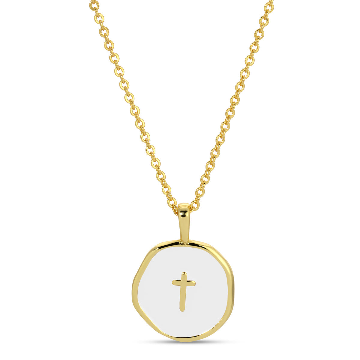 Necklace - Tiny cross white enamel pendant, Gold