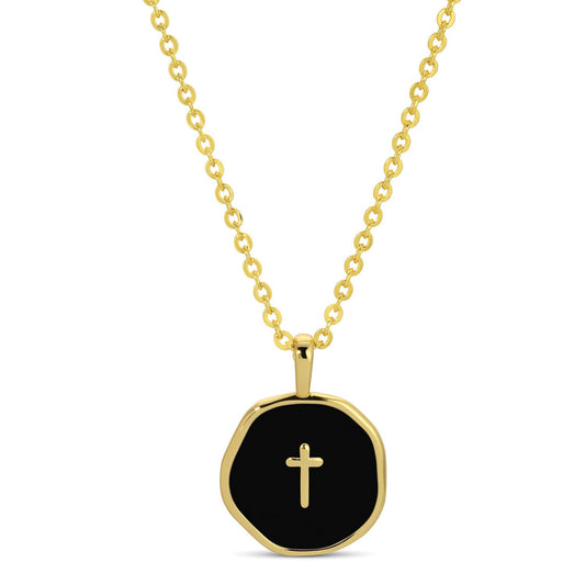 Necklace - Tiny cross black enamel pendant, Gold